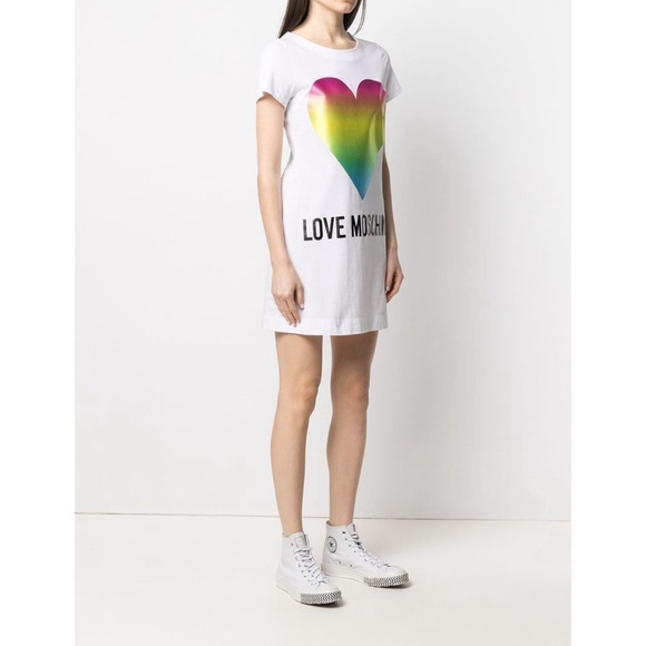 Love Moschino White Cotton Dress with rainbow heart logo - Picture 3 of 9